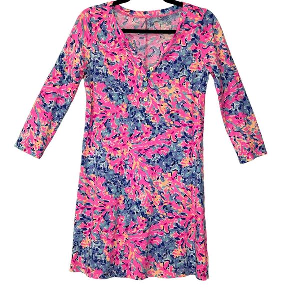 Lilly Pulitzer Coco Coral Crab Banyan Dress Button 3/4 Sleeve Women's XS NWOT